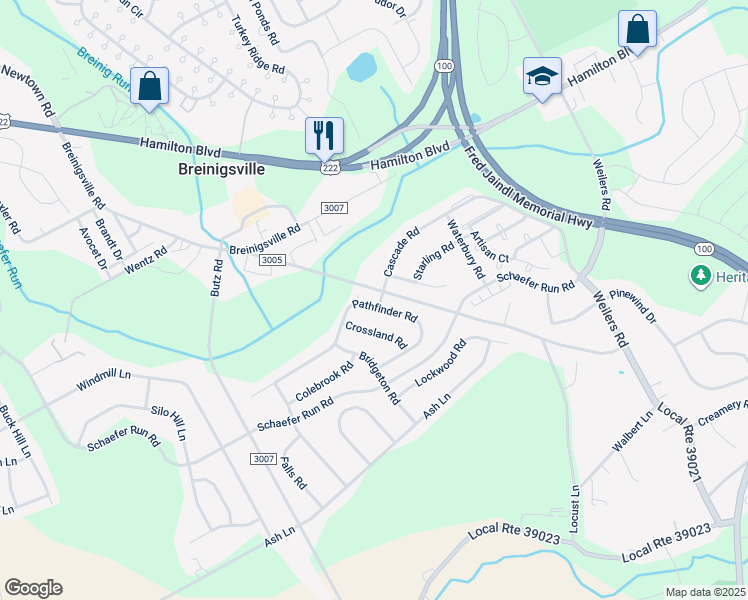 map of restaurants, bars, coffee shops, grocery stores, and more near 8745 Pathfinder Road in Breinigsville