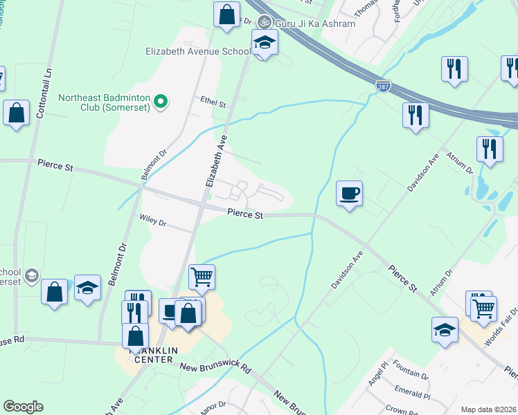 map of restaurants, bars, coffee shops, grocery stores, and more near 199 Pierce Street in Franklin Township