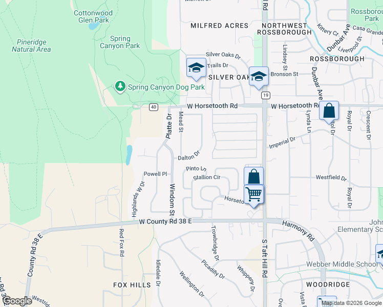 map of restaurants, bars, coffee shops, grocery stores, and more near 2407 Dalton Drive in Fort Collins