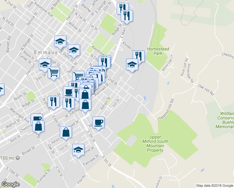 map of restaurants, bars, coffee shops, grocery stores, and more near 249 Minor Street in Emmaus
