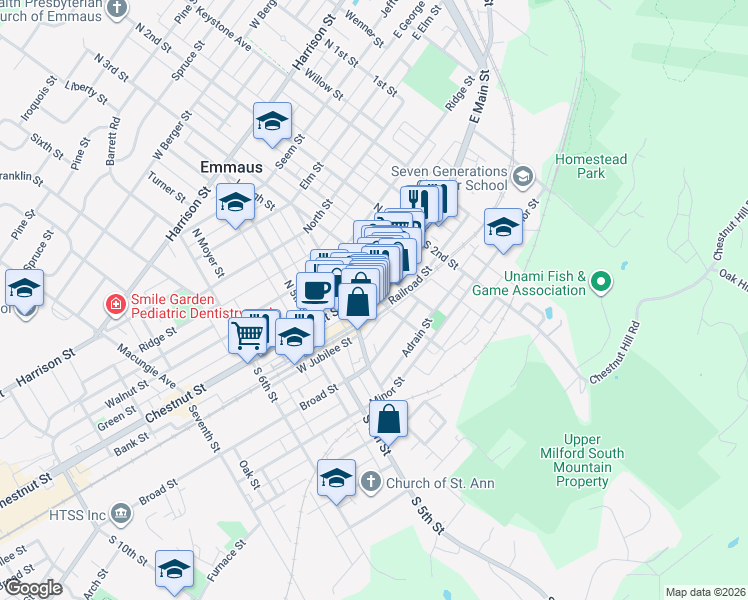 map of restaurants, bars, coffee shops, grocery stores, and more near 346 Golden Street in Emmaus