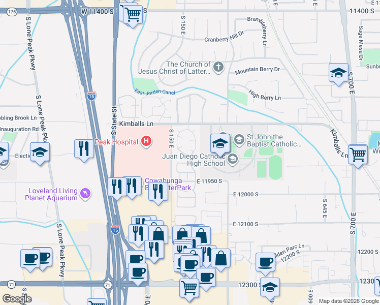 map of restaurants, bars, coffee shops, grocery stores, and more near 11870 Cottage View Lane in Draper