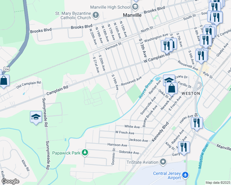 map of restaurants, bars, coffee shops, grocery stores, and more near 1830 Colorado Avenue in Manville