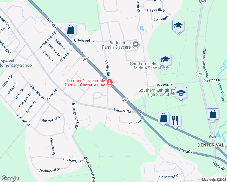 map of restaurants, bars, coffee shops, grocery stores, and more near 5341 West Valley Road in Lehigh County
