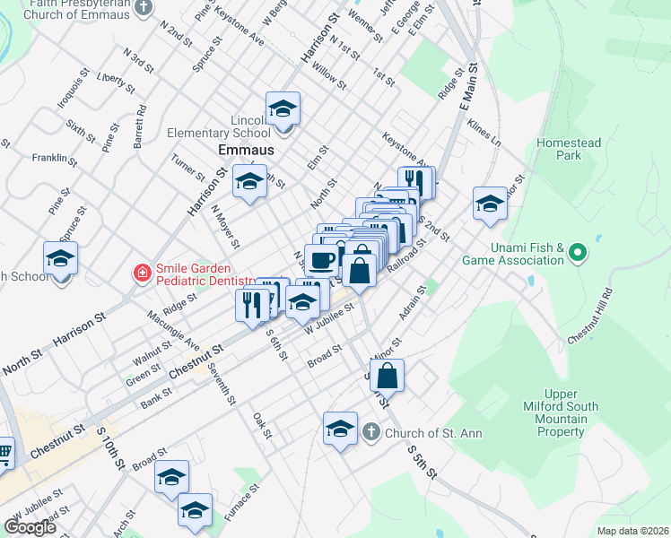map of restaurants, bars, coffee shops, grocery stores, and more near 409 Railroad Street in Emmaus