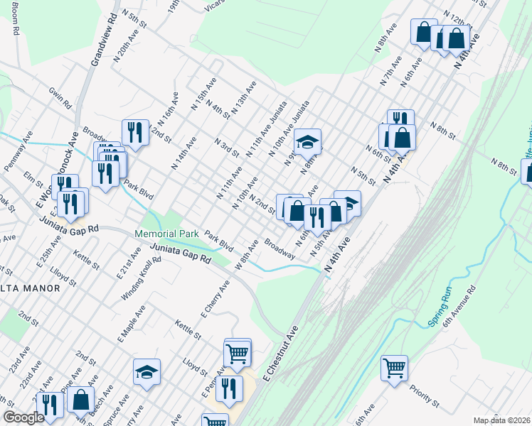 map of restaurants, bars, coffee shops, grocery stores, and more near 115 North 8th Avenue in Altoona