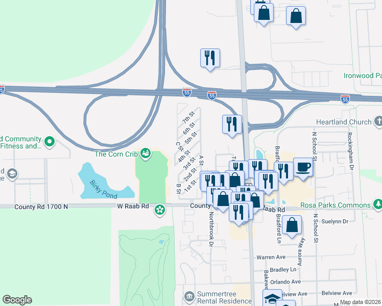 map of restaurants, bars, coffee shops, grocery stores, and more near 307-399 3rd Street in Normal