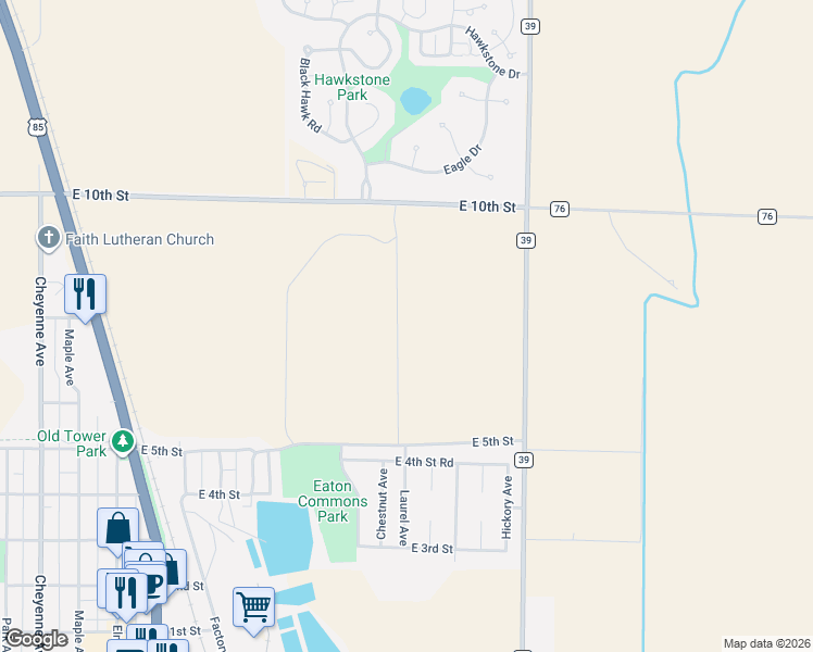 map of restaurants, bars, coffee shops, grocery stores, and more near 18734 County Road 76 in Eaton