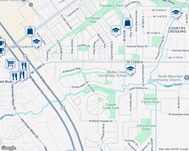 map of restaurants, bars, coffee shops, grocery stores, and more near 4726 Emma Mine Drive in Herriman