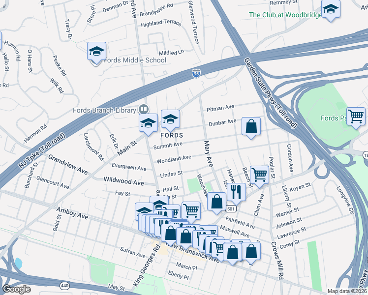 map of restaurants, bars, coffee shops, grocery stores, and more near 65 Woodland Avenue in Woodbridge Township