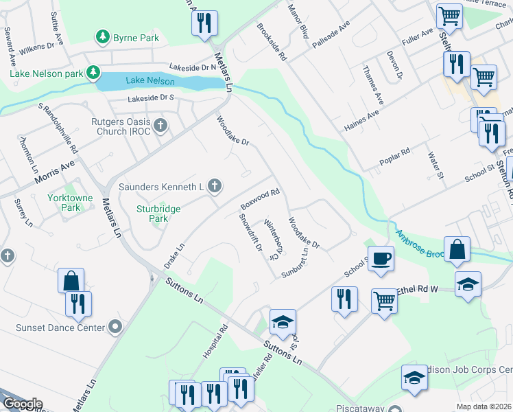 map of restaurants, bars, coffee shops, grocery stores, and more near 16 Winterberry Circle in Piscataway