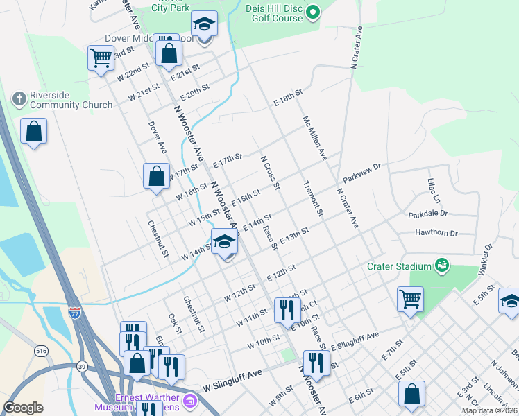 map of restaurants, bars, coffee shops, grocery stores, and more near 204 East 14th Street in Dover