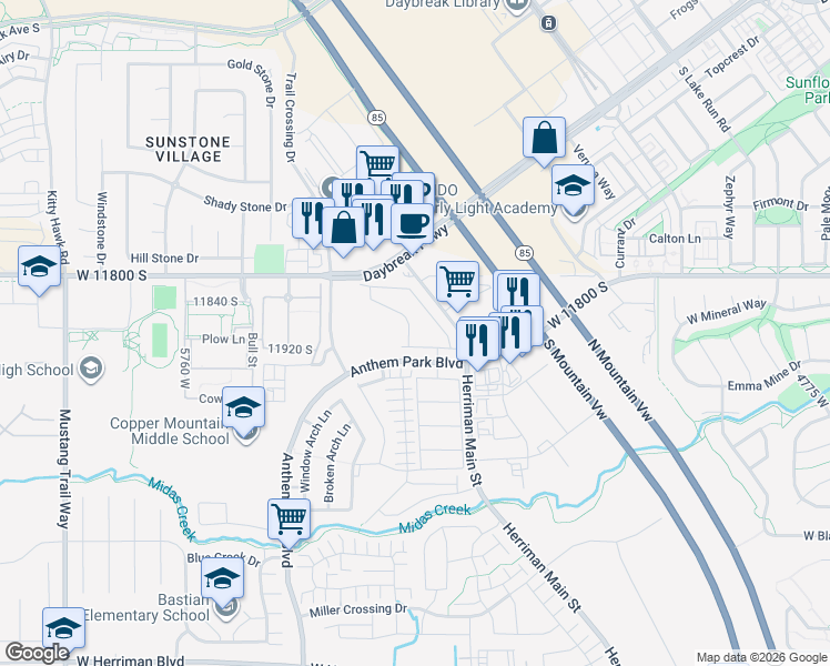 map of restaurants, bars, coffee shops, grocery stores, and more near 11962 Anthem Park Boulevard in Herriman