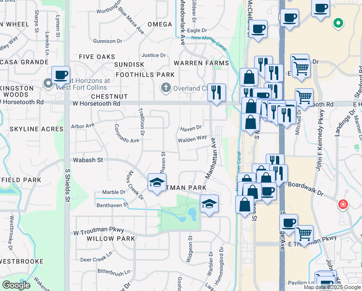 map of restaurants, bars, coffee shops, grocery stores, and more near 3754 Rockaway Street in Fort Collins