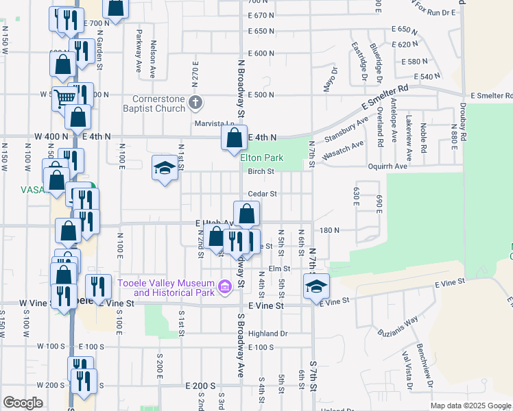 map of restaurants, bars, coffee shops, grocery stores, and more near 375 Cedar Street in Tooele