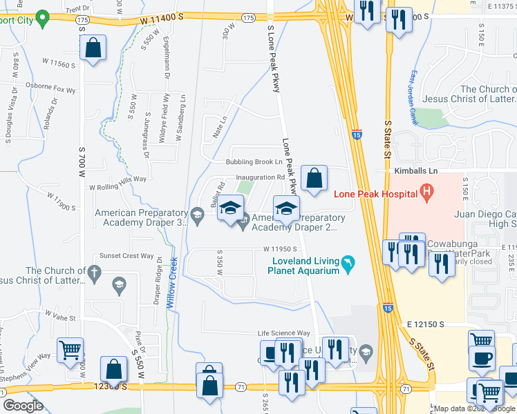 map of restaurants, bars, coffee shops, grocery stores, and more near 11888 Aztec Road in Draper