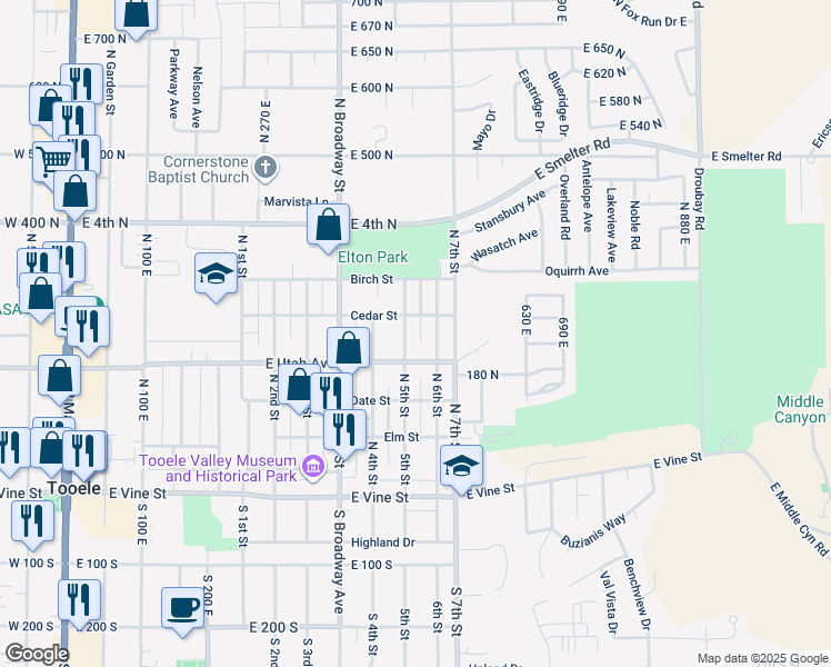 map of restaurants, bars, coffee shops, grocery stores, and more near 260 North 5th Street in Tooele