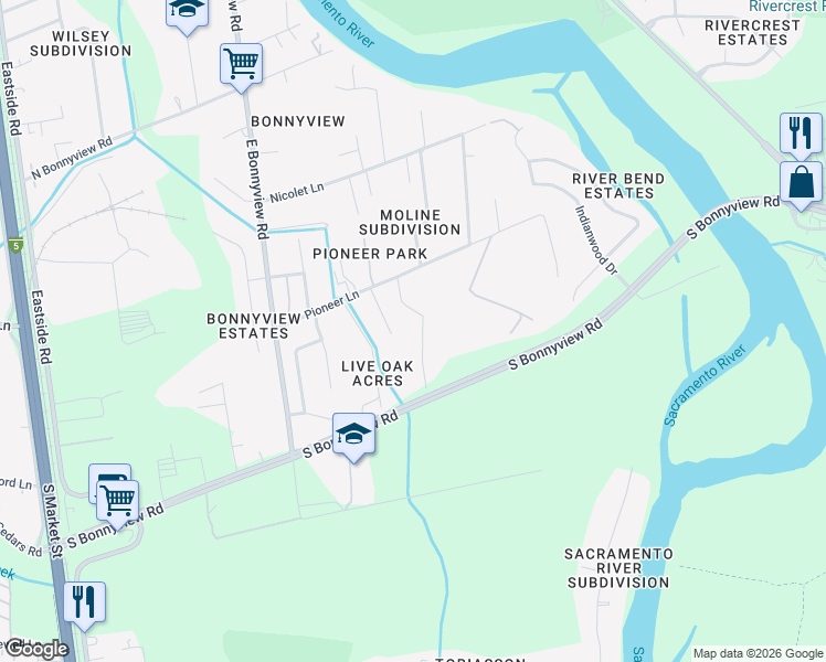 map of restaurants, bars, coffee shops, grocery stores, and more near 5705-5709 Fagan Drive in Redding