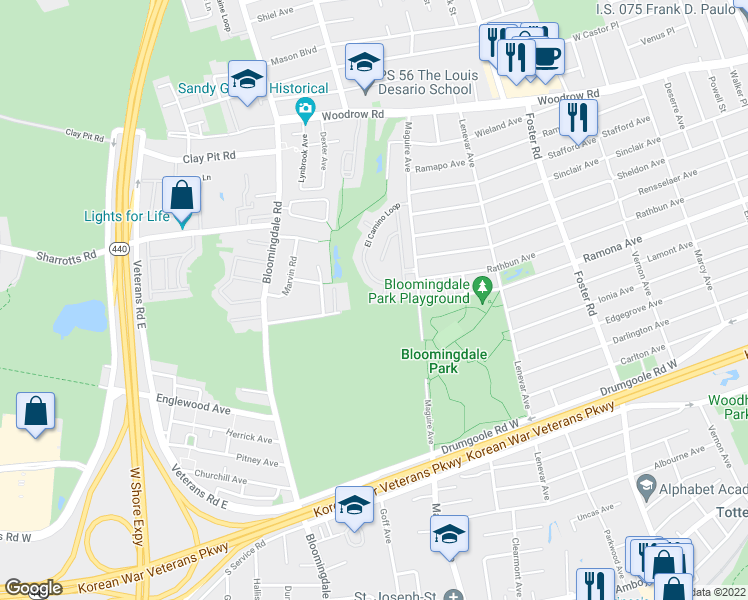 map of restaurants, bars, coffee shops, grocery stores, and more near 126 El Camino Loop in Staten Island