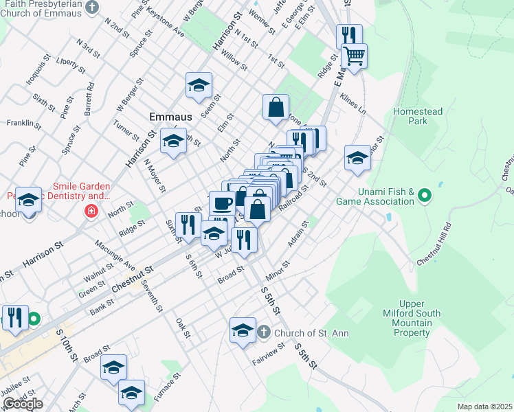 map of restaurants, bars, coffee shops, grocery stores, and more near 29 North 4th Street in Emmaus