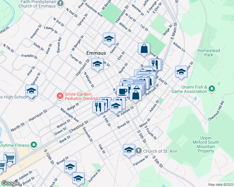 map of restaurants, bars, coffee shops, grocery stores, and more near 423 Ridge Street in Emmaus