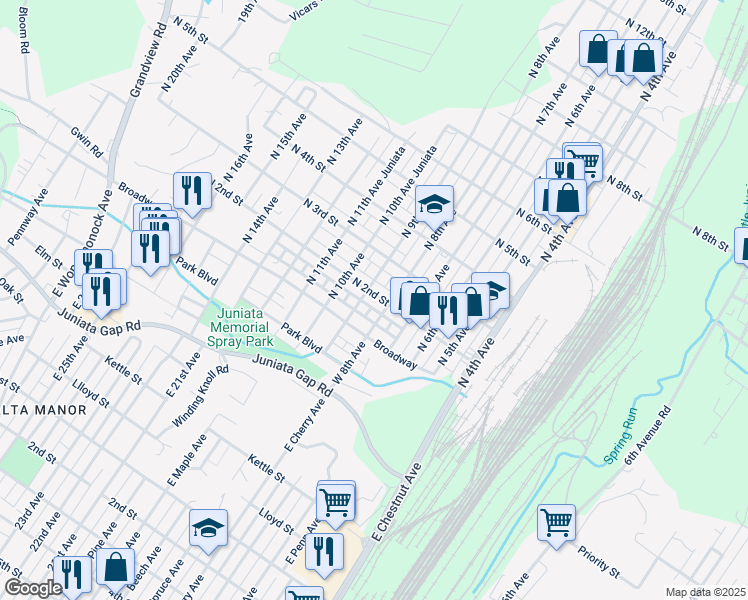 map of restaurants, bars, coffee shops, grocery stores, and more near 809 North 2nd Street in Altoona