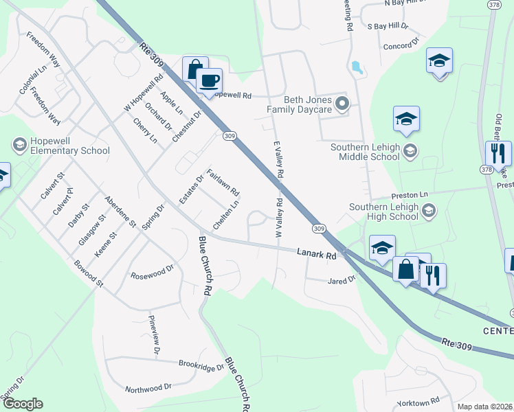 map of restaurants, bars, coffee shops, grocery stores, and more near 5163 Fairlawn Road in Lehigh County