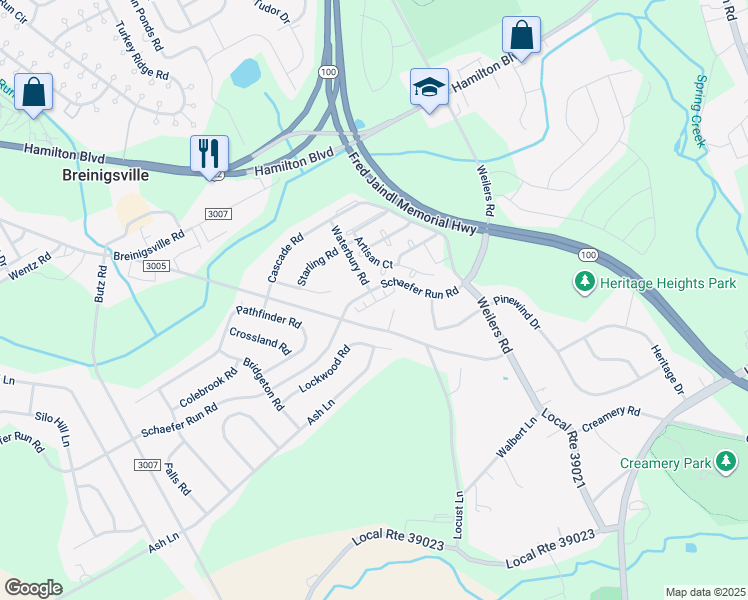 map of restaurants, bars, coffee shops, grocery stores, and more near 8500 Scheafer Run Road in Breinigsville