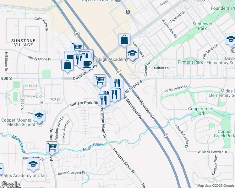 map of restaurants, bars, coffee shops, grocery stores, and more near 5251 Anthem Park Boulevard in Herriman