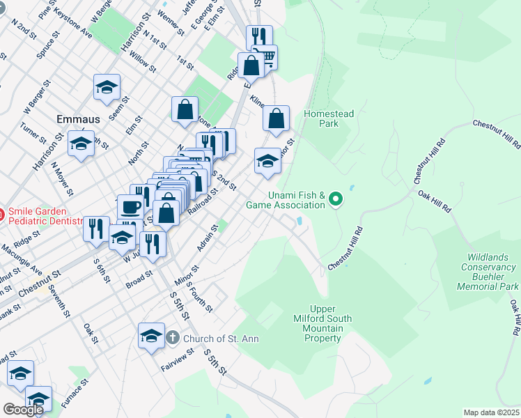 map of restaurants, bars, coffee shops, grocery stores, and more near 201 South 2nd Street in Emmaus