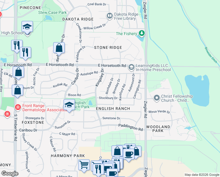 map of restaurants, bars, coffee shops, grocery stores, and more near 3731 Rochdale Drive in Fort Collins