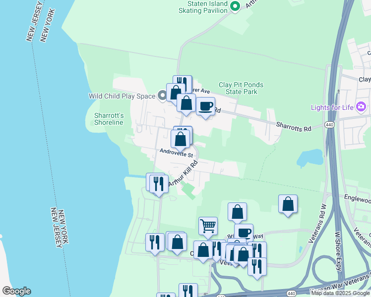 map of restaurants, bars, coffee shops, grocery stores, and more near 4351 Arthur Kill Road in Staten Island