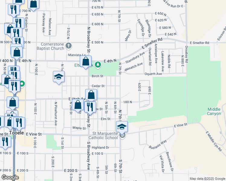 map of restaurants, bars, coffee shops, grocery stores, and more near 257 North 6th Street in Tooele