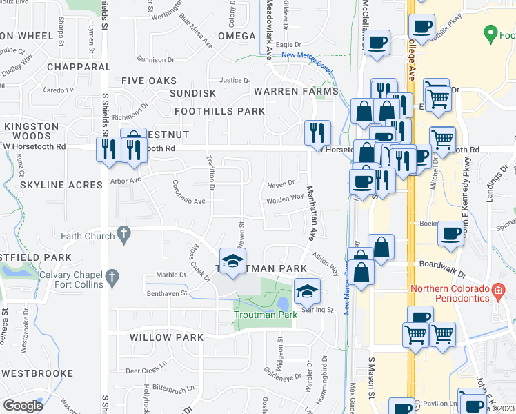 map of restaurants, bars, coffee shops, grocery stores, and more near 3749 Rockaway Street in Fort Collins