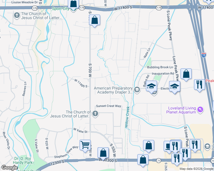 map of restaurants, bars, coffee shops, grocery stores, and more near 11849 South Ridge Oak Lane in Draper