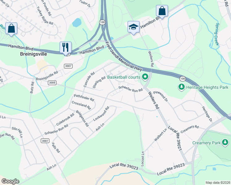 map of restaurants, bars, coffee shops, grocery stores, and more near 8504 Waterbury Court in Breinigsville