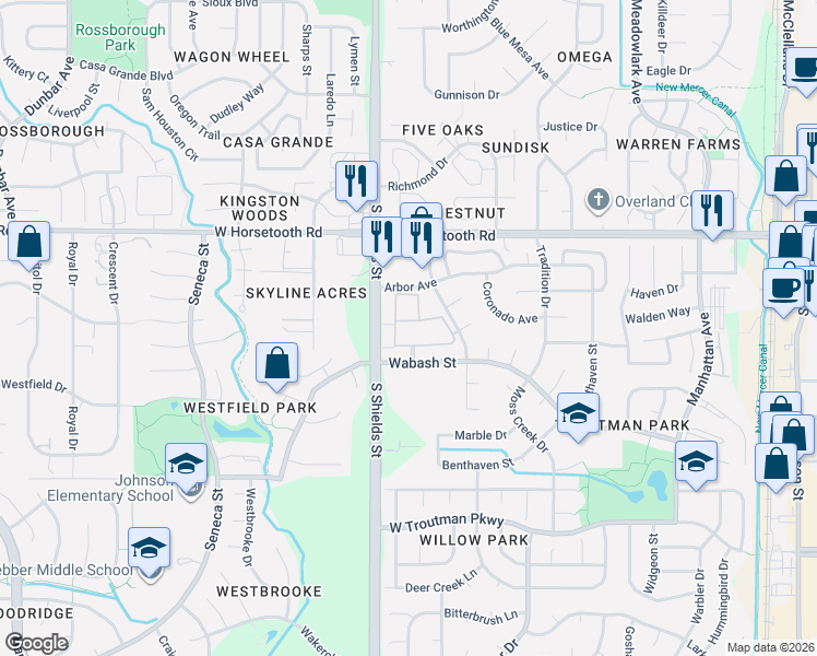 map of restaurants, bars, coffee shops, grocery stores, and more near 1020 Wabash Street in Fort Collins