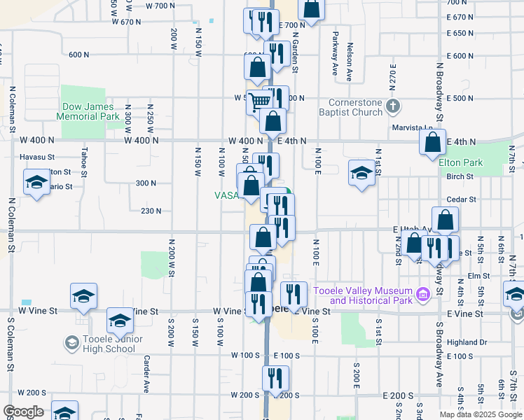map of restaurants, bars, coffee shops, grocery stores, and more near 271 North Main Street in Tooele