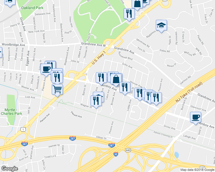 map of restaurants, bars, coffee shops, grocery stores, and more near 1053 County Road 501 in Edison