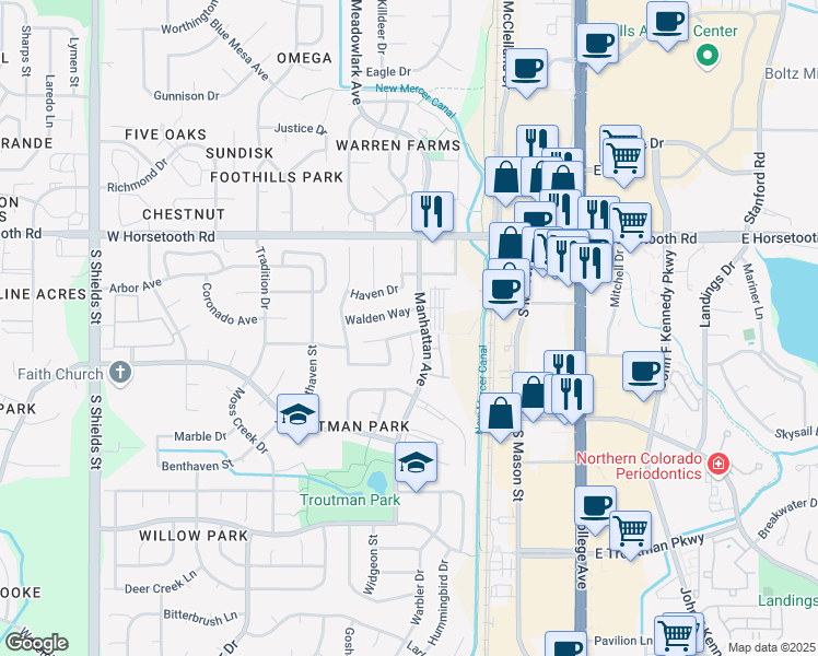 map of restaurants, bars, coffee shops, grocery stores, and more near 412 Dennison Avenue in Fort Collins