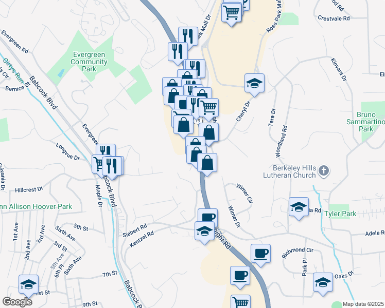 map of restaurants, bars, coffee shops, grocery stores, and more near 7211 McKnight Road in Pittsburgh
