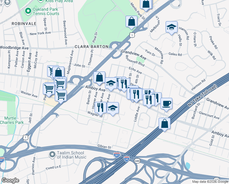 map of restaurants, bars, coffee shops, grocery stores, and more near Amboy Avenue in Edison