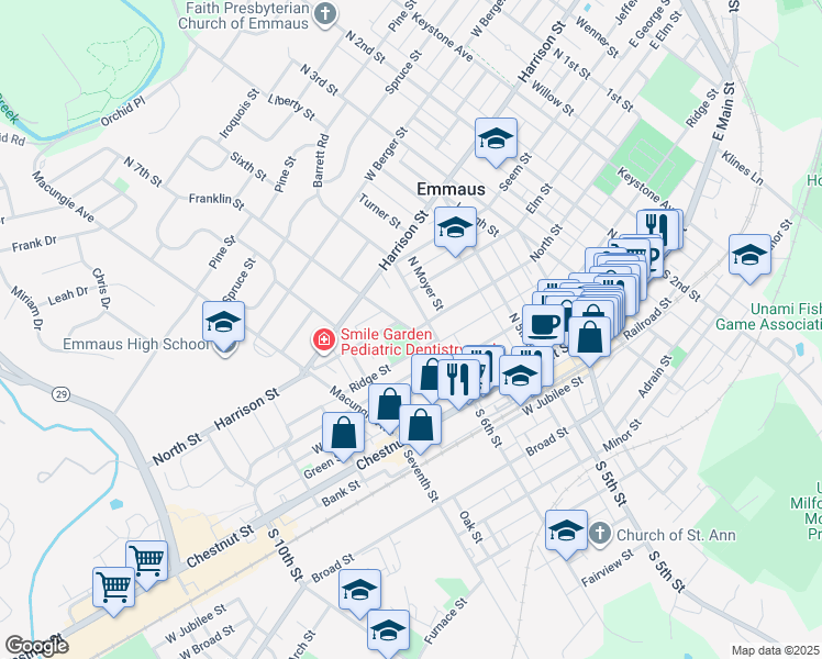 map of restaurants, bars, coffee shops, grocery stores, and more near 215 Franklin Street in Emmaus