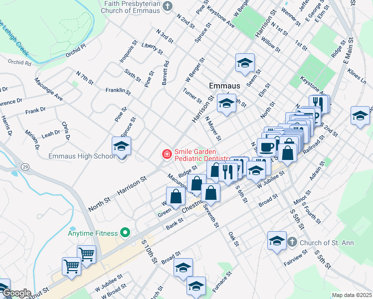 map of restaurants, bars, coffee shops, grocery stores, and more near 319 Franklin Street in Emmaus
