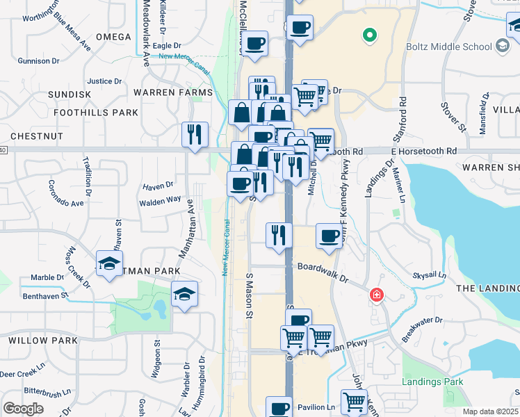 map of restaurants, bars, coffee shops, grocery stores, and more near 3750 South Mason Street in Fort Collins