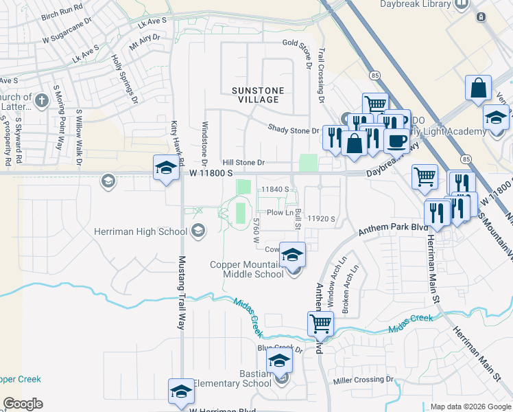 map of restaurants, bars, coffee shops, grocery stores, and more near South Calf Way in Herriman