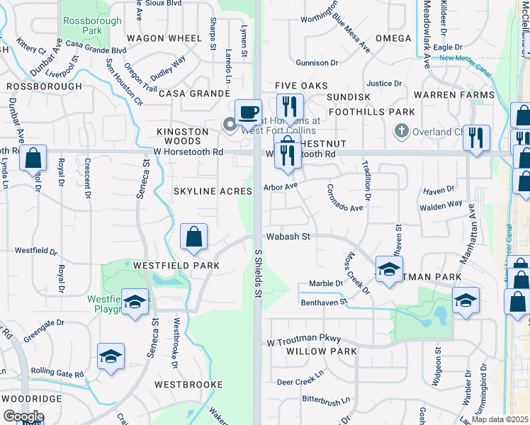 map of restaurants, bars, coffee shops, grocery stores, and more near 3732 South Shields Street in Fort Collins