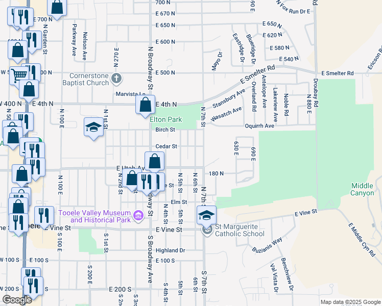 map of restaurants, bars, coffee shops, grocery stores, and more near 262 North 6th Street in Tooele