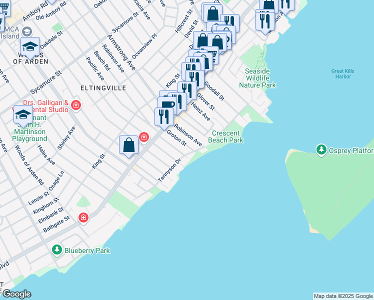 map of restaurants, bars, coffee shops, grocery stores, and more near 59 Groton Street in Staten Island