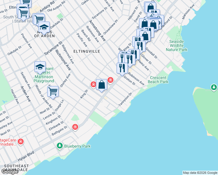map of restaurants, bars, coffee shops, grocery stores, and more near 116 Thornycroft Avenue in Staten Island